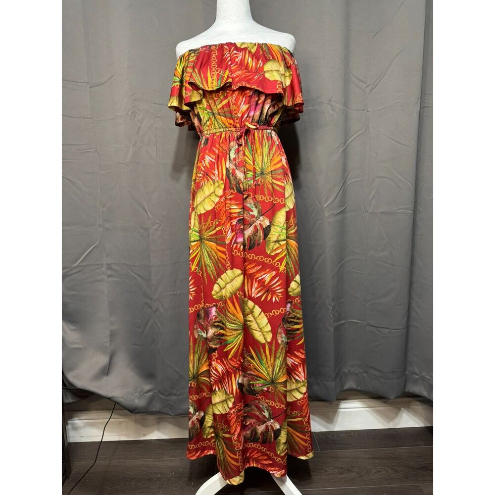 Guess Tropical Maxi Dress Off Shoulder Ruffle Red Floral Palm Size M